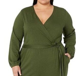 Womens Knit Surplice 3XL Jumpsuit Sage Green Long Sleeve Tapered Leg Faux Wrap